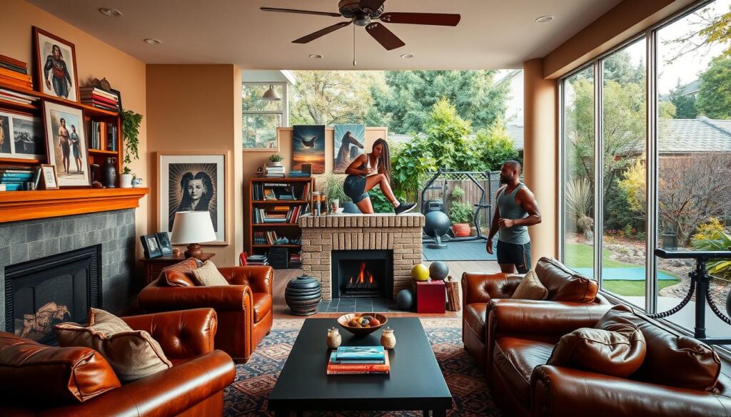 A vibrant off-field portrait showcasing the multifaceted interests of the Bobcats players. In the foreground, a cozy living room scene with plush leather armchairs, a fireplace, and shelves lined with books, art, and personal mementos, reflecting their intellectual and creative pursuits. In the middle ground, a well-equipped home gym with weights, yoga mats, and exercise machines, hinting at their dedication to fitness and wellness. The background features a lush outdoor garden, with a tranquil pond and bird feeders, evoking their appreciation for nature and the great outdoors. The lighting is warm and inviting, casting a soft glow throughout the composition, capturing the players' well-rounded lifestyles beyond the field.