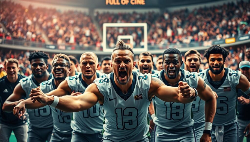 Star athletes in a dynamic, high-energy scene, showcasing their skills and leadership while supporting their teammates. In the foreground, a group of elite players in dynamic poses, their expressions intense and determined. Crisp lighting and a shallow depth of field create a sense of focus and drama. In the middle ground, their supporting cast - coaches, trainers, and staff - cheering them on, their body language reflecting the excitement and camaraderie of the moment. The background is a blurred, vibrant arena, with the roar of the crowd creating an electrifying atmosphere. The overall composition conveys the essence of teamwork, dedication, and the pursuit of excellence in the world of professional sports.