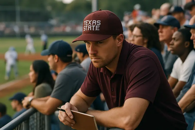 A football recruit walking near a college practice field with coaches nearby