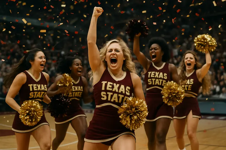 Cheer team members celebrate after completing a performance routine