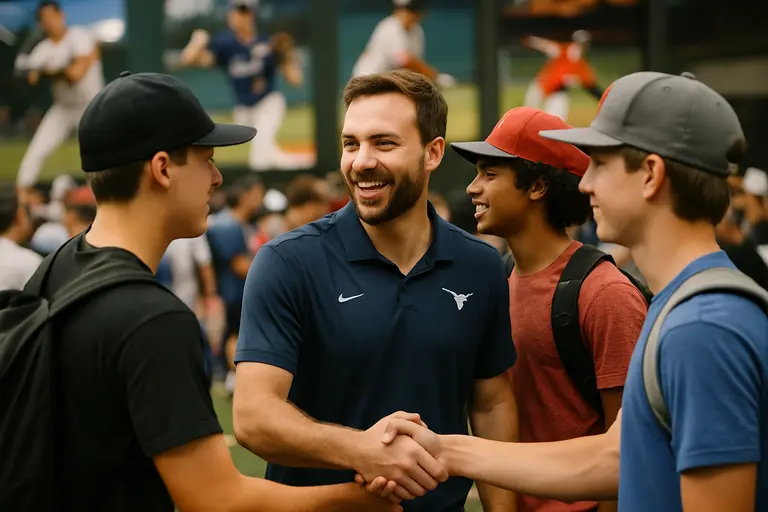 Baseball prospects listen near a dugout during a campus visit
