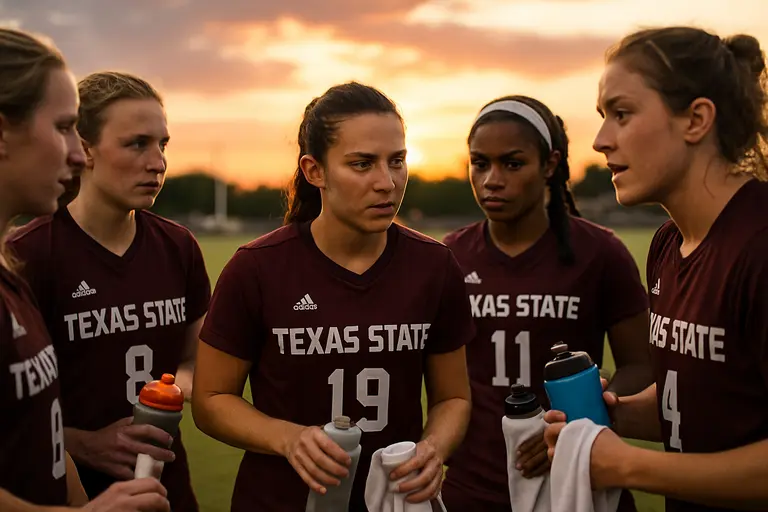 Texas State soccer players organizing defensively near midfield