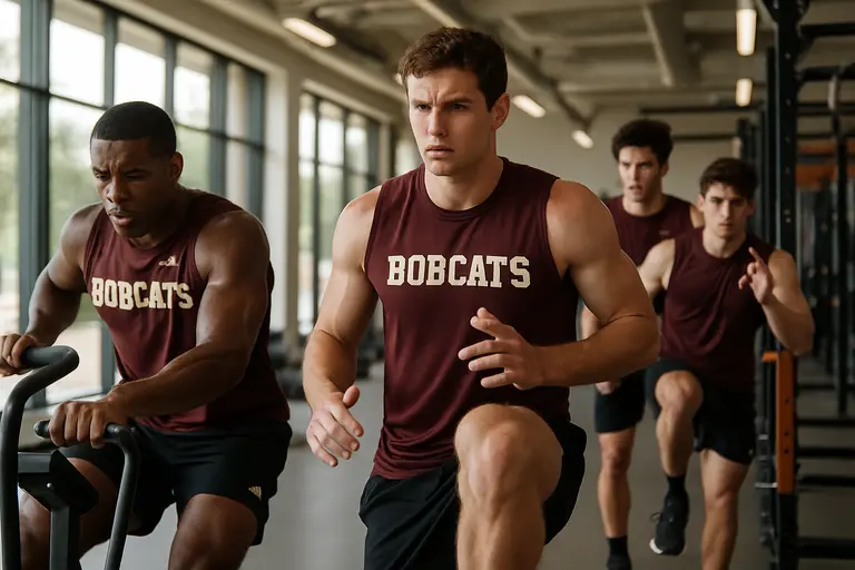 College athletes training inside a bright performance room with equipment