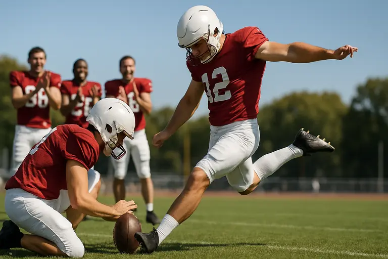 Kickers and returners practicing special teams on a college field