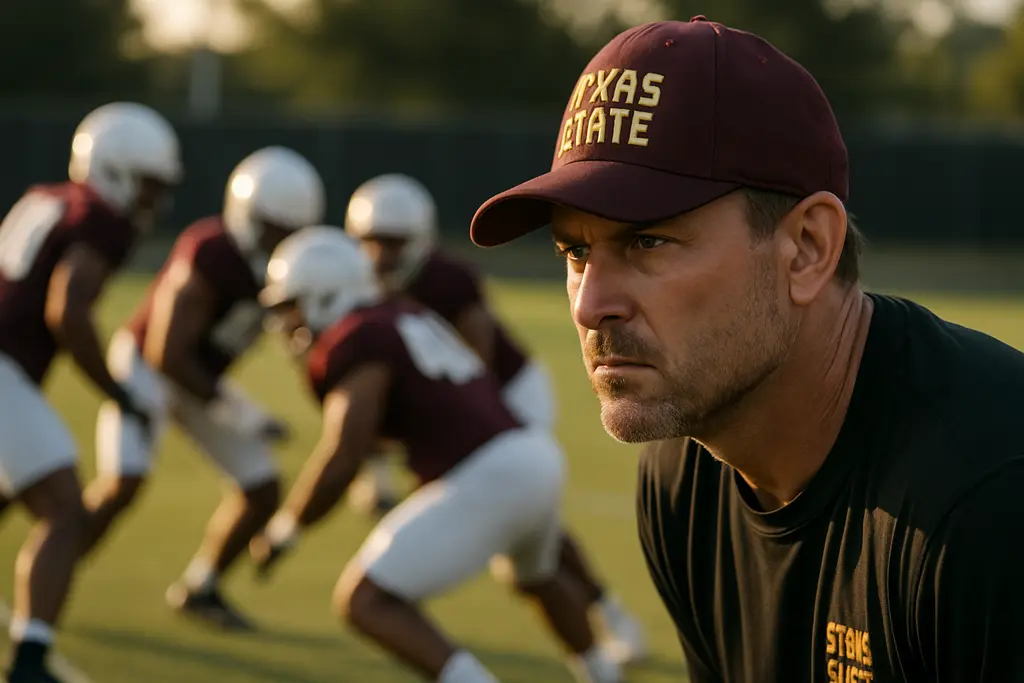 Texas State Coaching Changes discussion near the football practice field in San Marcos