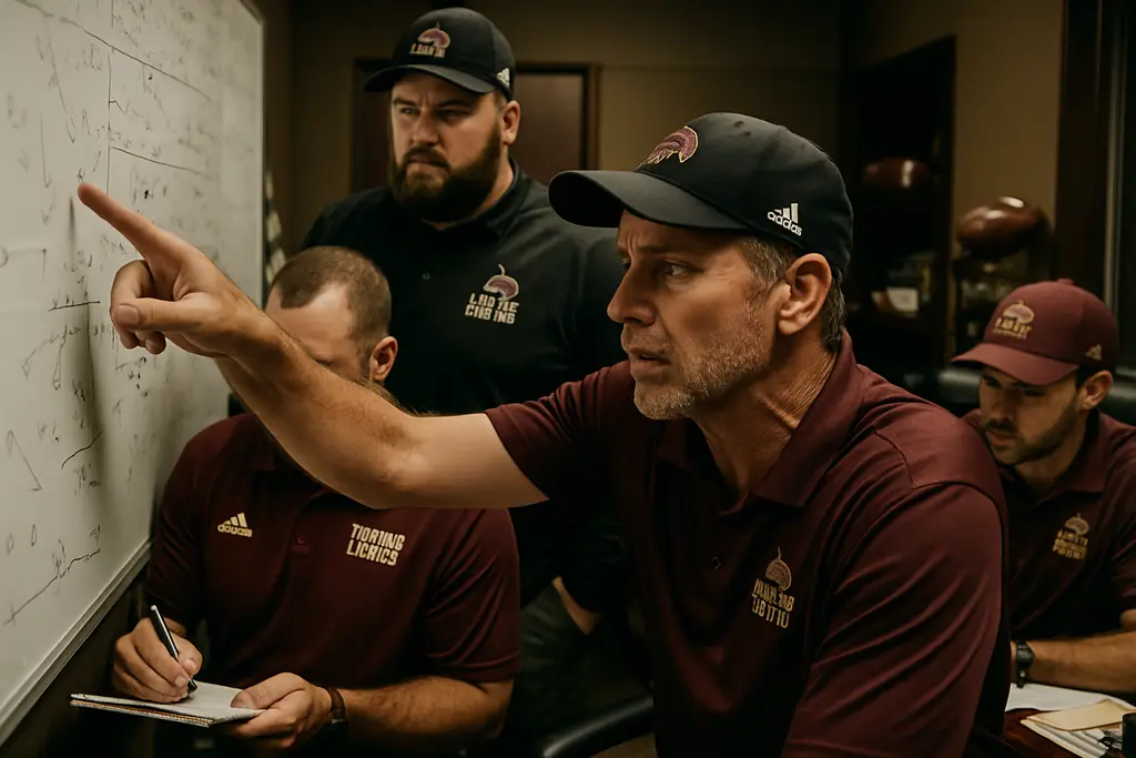 Texas State Depth Chart board beside football helmets at a San Marcos practice field
