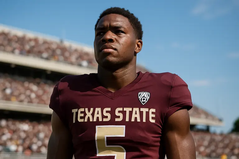 Texas State football players prepare on a college practice field