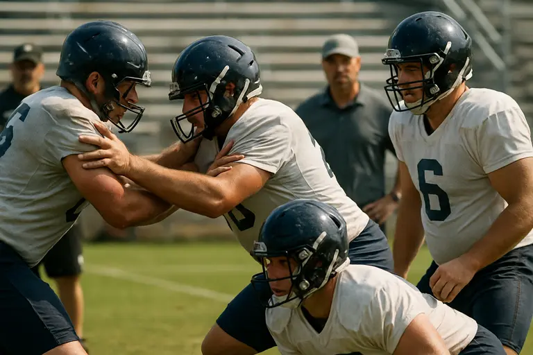 Texas State linemen and defensive backs prepare during football practice