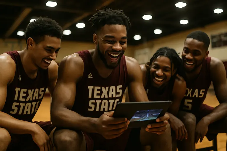 Texas State offense lining up before a run play in San Marcos