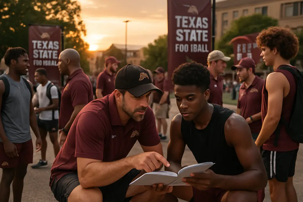 Texas State Recruiting board beside a football practice field in San Marcos