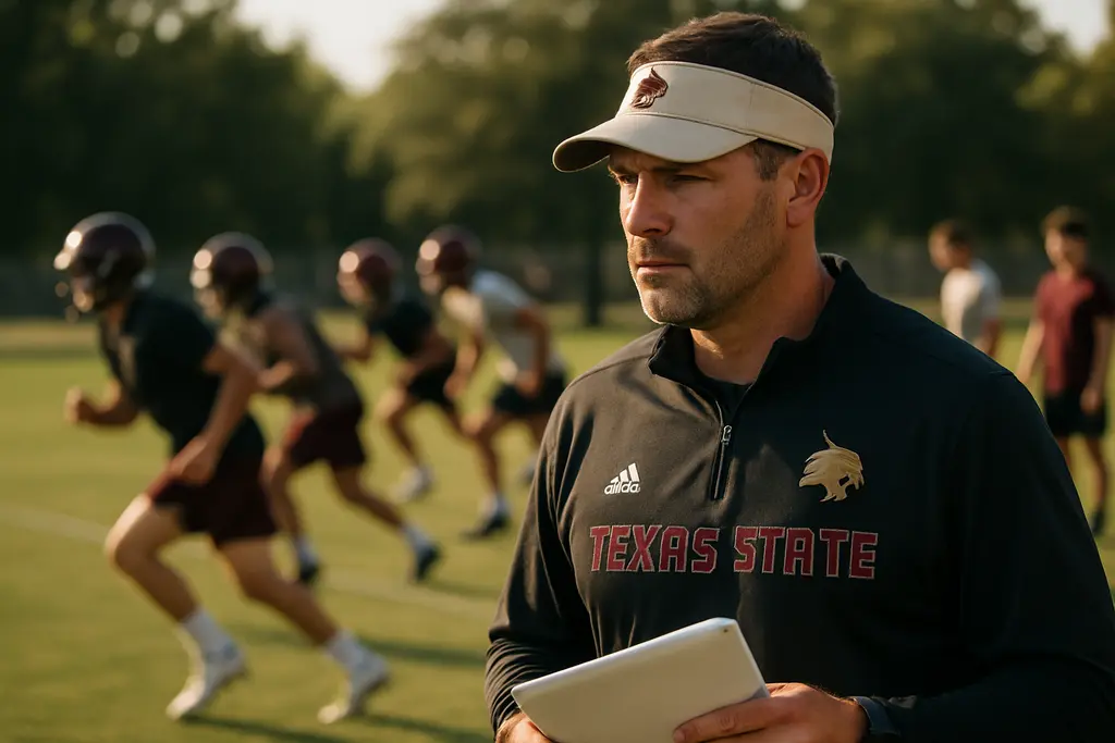 Texas State recruiting board with football prospects and San Marcos practice field