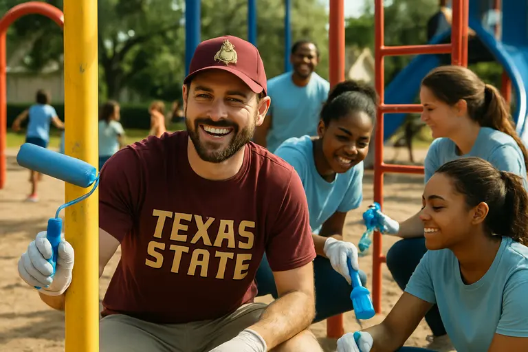 A college coach speaks with players beside a practice field