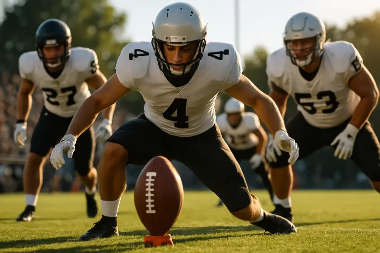 Defensive backs and specialists warming up before a college football game