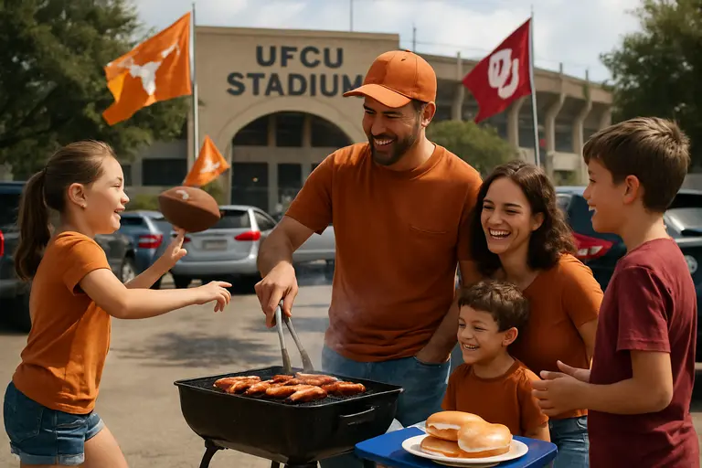 Fans walking toward UFCU Stadium on a Texas State football Saturday