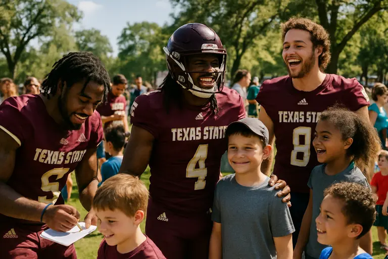 Fans watch Texas State football players warm up before a home game