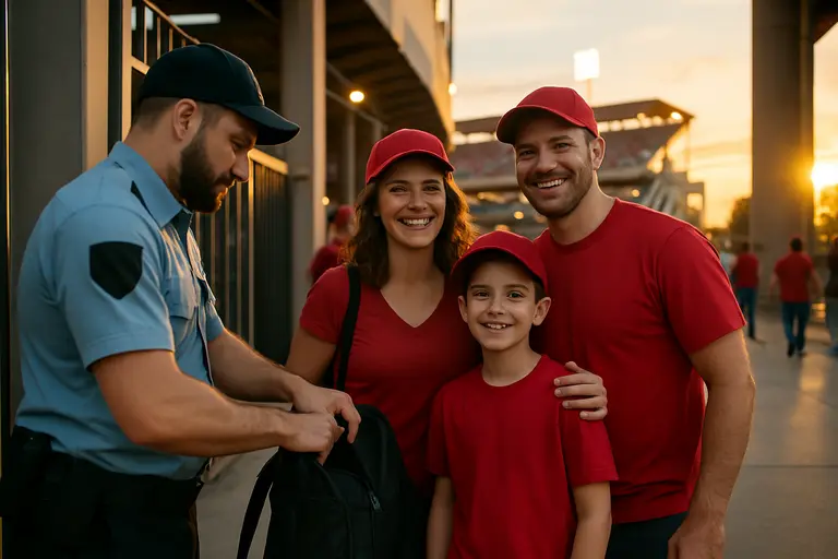 Stadium staff guiding fans near an entrance before kickoff