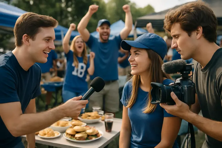 Students working cameras and audio gear near a tailgate area