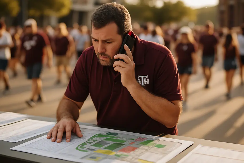 Texas A&M Logistics scene with fans walking near Kyle Field before kickoff