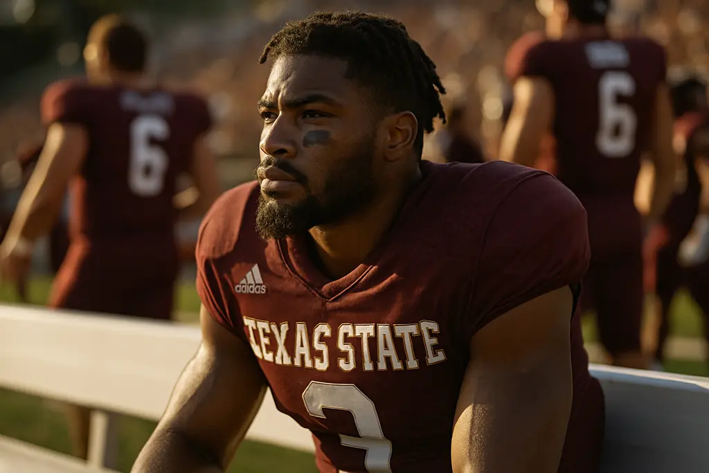 Texas State depth chart notes beside a football field before a road game