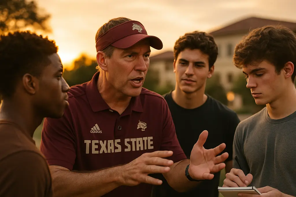 Texas State recruiting discussion near a college practice field