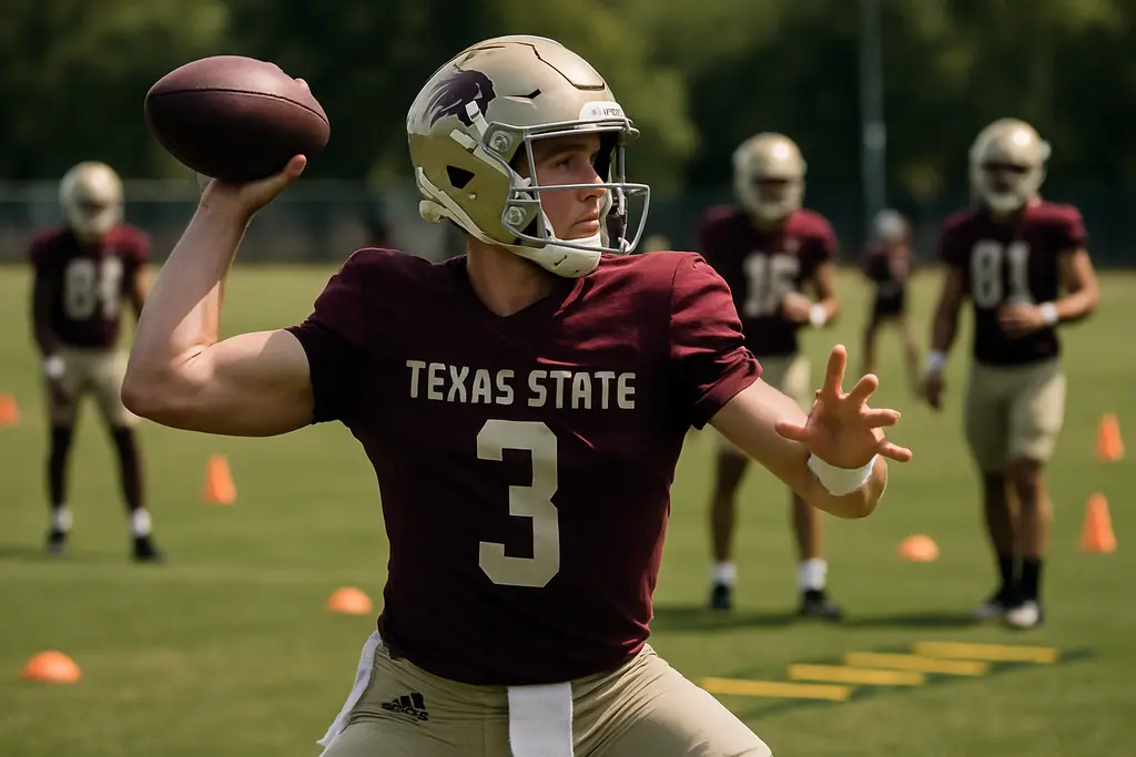 Texas State roster players preparing near the sideline before a conference football game